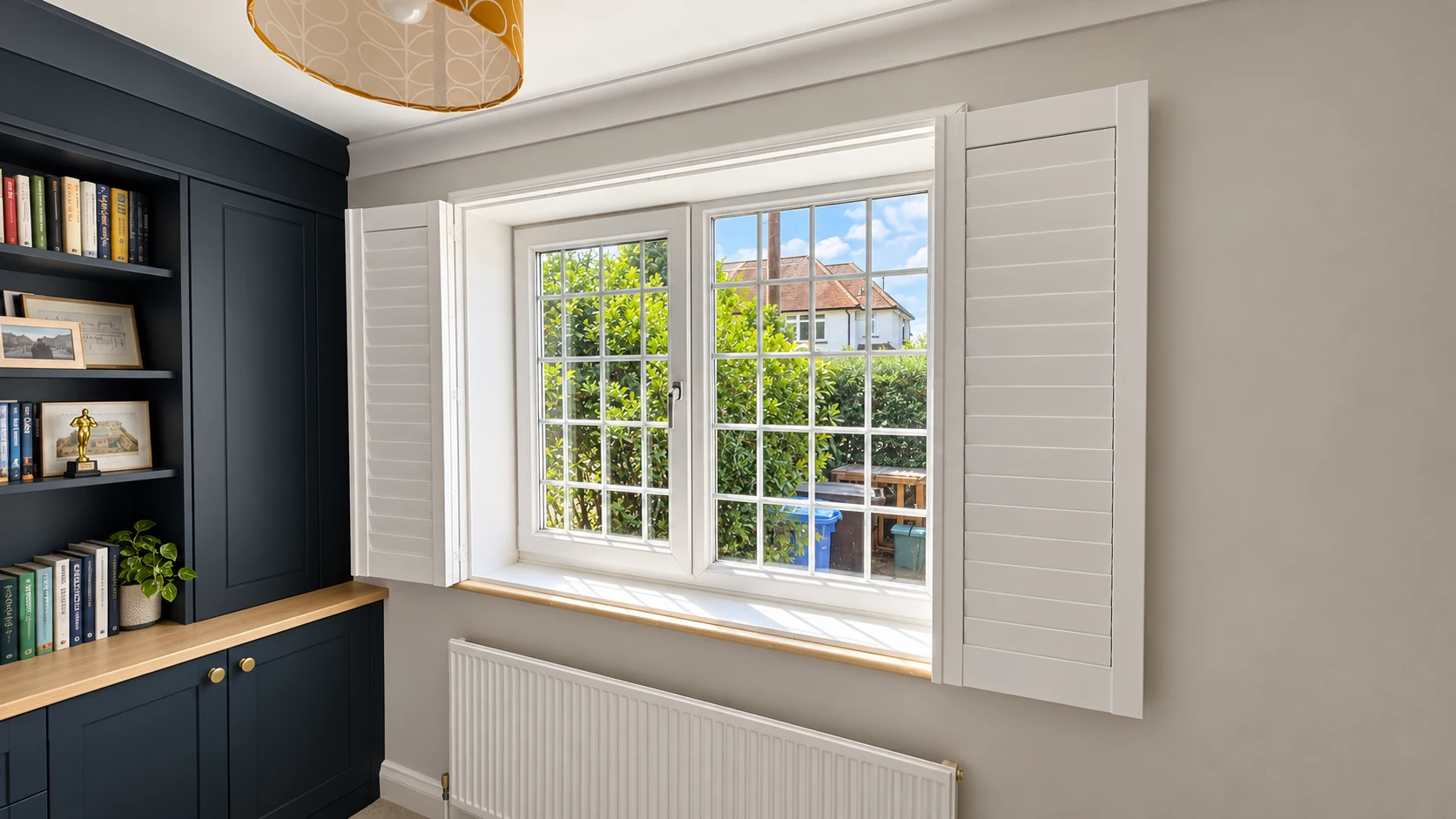 White painted hardwood shutters open beside a window