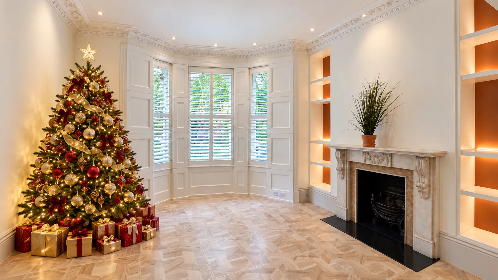 White plantation shutters in a bright bay-window room beside a decorated Christmas tree