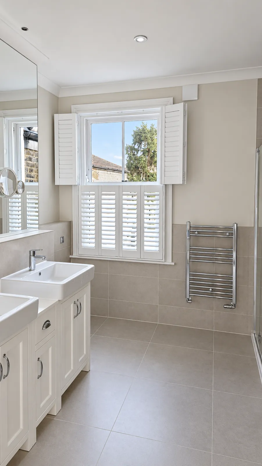 White tier-on-tier shutters with upper panels open in a bathroom