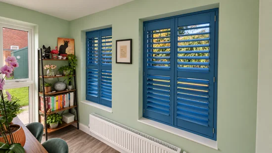Custom blue shutters in a mint-green room