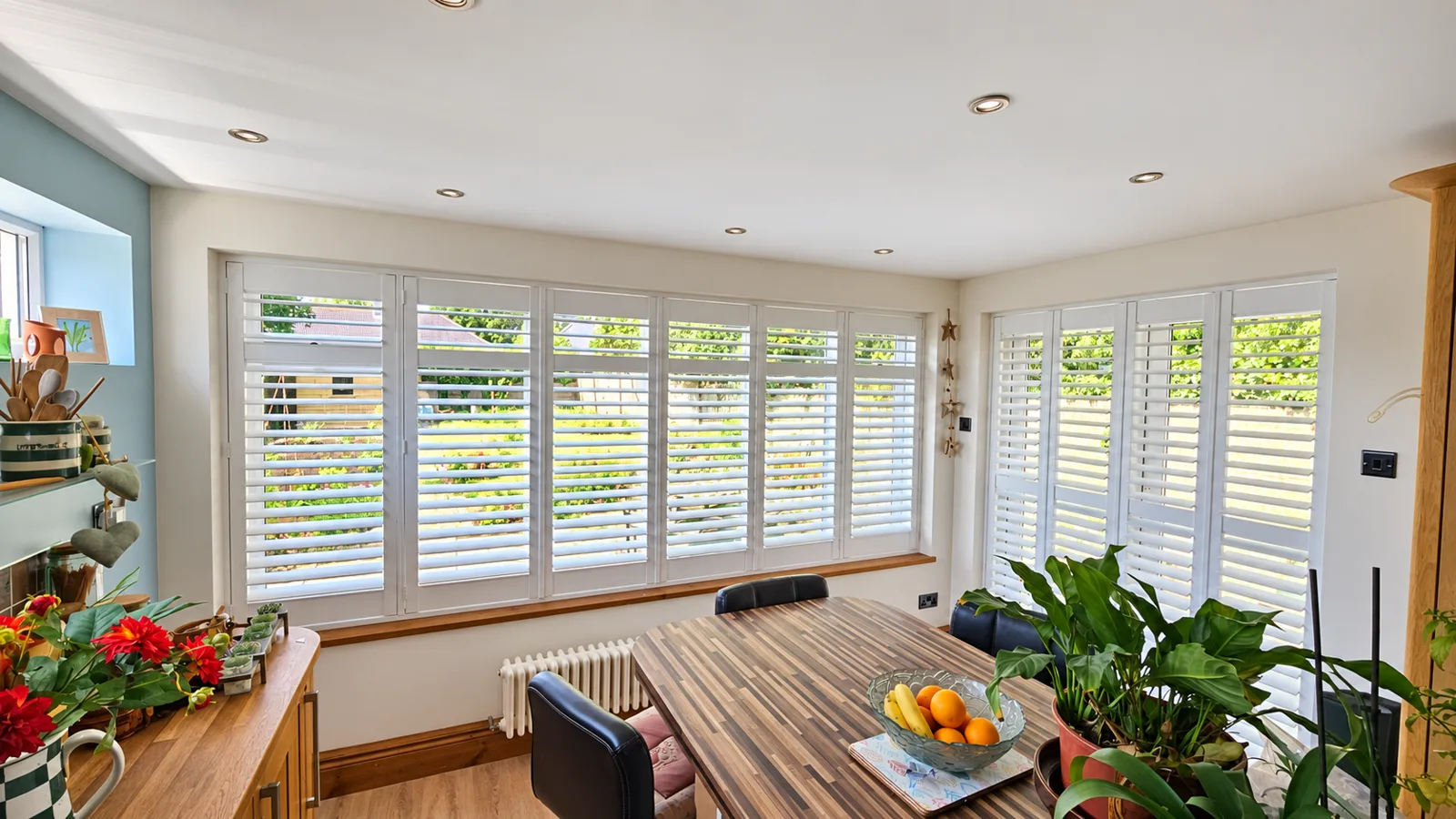 White shutters across a bright conservatory dining space