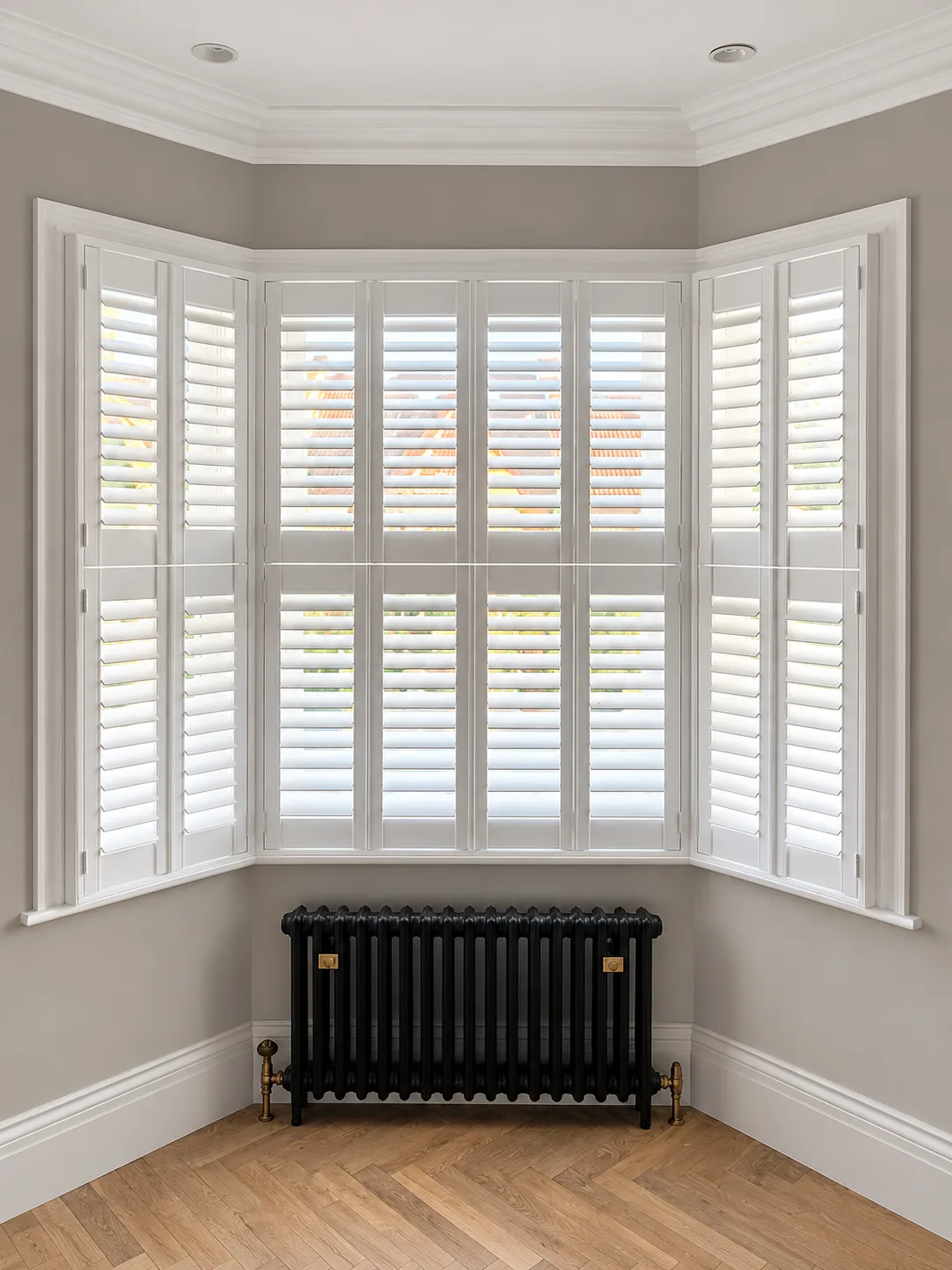 White tier-on-tier shutters around a bay above a black radiator