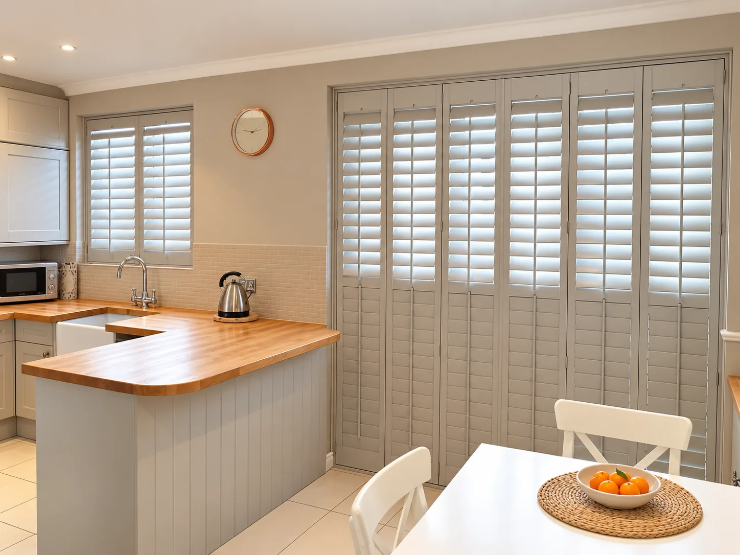 White shutters at a kitchen window and glazed door