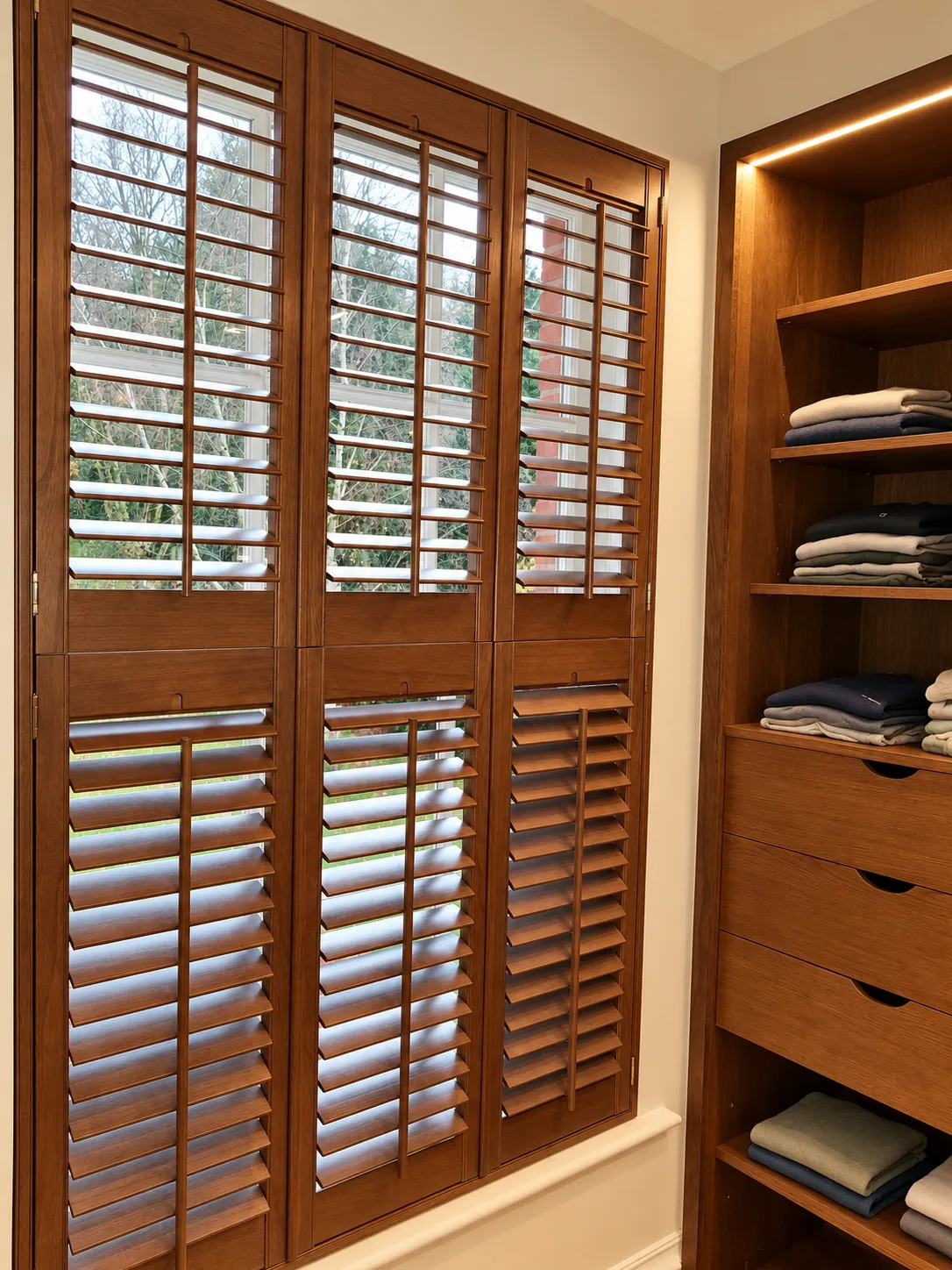 Wood-tone shutters beside fitted cupboards in a dressing room