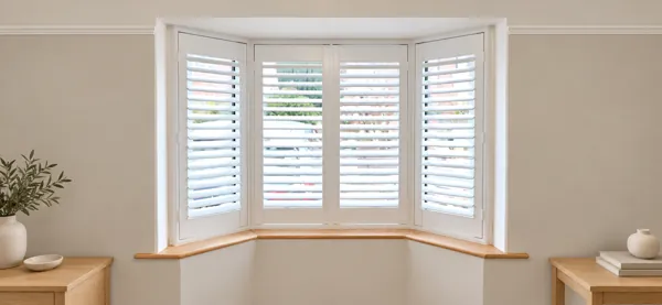 Full-height Pure White Composite shutters fitted to a small bay window in Newbury