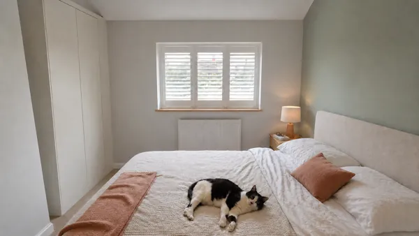 Pure White full-height shutters in Helen’s front bedroom in Newbury